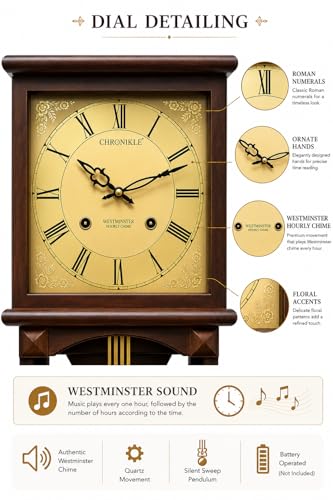 Image of Premium Wooden Pendulum Wall Clock with Musical Chime Sound, Roman Figure Golden Dial, Silent Sweep Quartz Movement, Classic Brown Finish, Battery Operated Decorative Wall Clock (22 x 11 x 3.5 Inch)