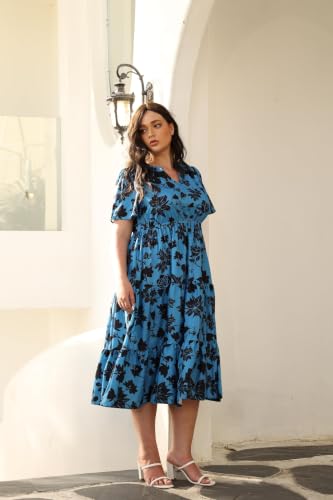 Image of TIYOMI Women Plus Size Dress Boho V Neck Short Sleeve Beach Maxi Dresses Floral /Stripe /Leaves /Lemon XL-5XL