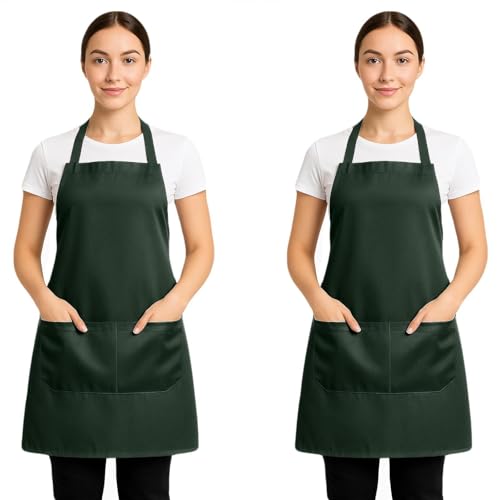 Image of True Face Apron with Pockets – Durable Polyester Kitchen Aprons for Men & Women – Chef, BBQ, Baking, Crafting Green - 2 Pack 73x63 cm