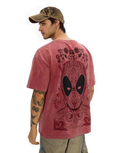 Image of The Souled Store Official Deadpool: Anti-Hero Men and Boys Short Sleeves Round Neck Pink Graphic Printed Cotton Oversized T-Shirts