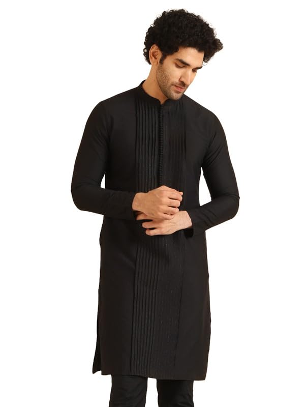 Kisah Men's Kurta, Black Cotton Blend, Solid Regular Fit Mandarin Collar Long Sleeves (44)