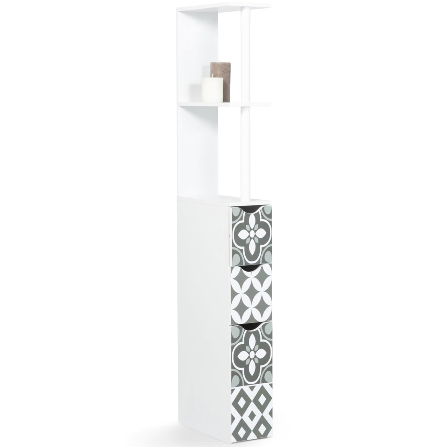 IDMarket - Scaffalatura per toilette a 3 ante in legno bianco con piastrelle in cemento grigio WILLY