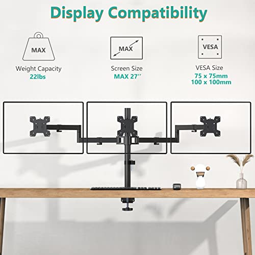 Image of WALI Triple Monitor Mount, Three Desk Mount Fits 13-27in Screens,Holds up to 22lbs, Multiple Monitor Stand with Tilt, Swivel, Rotation, VESA 75x75,100x100mm(M003S), Black