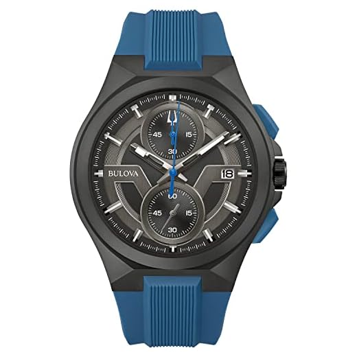 Bulova Men's Maquina Sport Black Ion-Plated Stainless Steel Case, 6-Hand Chronograph Quartz Watch with Matte Black Silicone Strap, Sapphire Crystal, Blue Strap/Blue Accents
