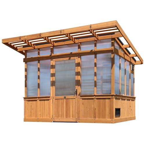 Image of Backyard Discovery Poppy 11' x 7' Cedar Wood and Polycarbonate Walk-In Greenhouse Kit with Exhaust Fan, Windows, Hose Hook-Ups, PowerPort, Staging Shelves, Plant Hooks for Year-Round Outdoor Gardening
