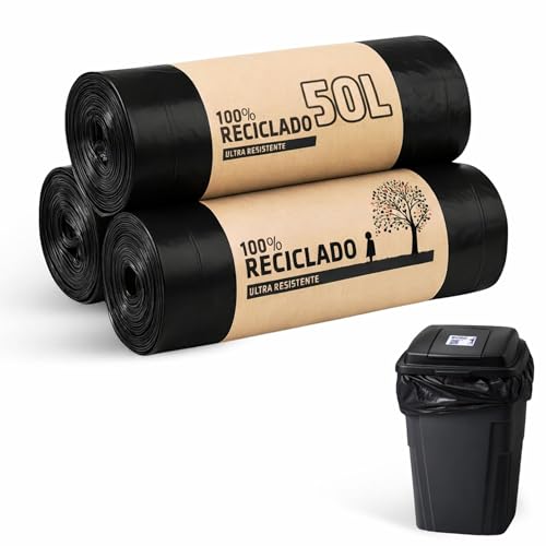Bolsas Basura, Sacos de basura Resistentes, Bolsas de Comunidad 100% Recicladas, Ecológicas y Antigoteo, 50 L, 70 x 75 cm, Contiene 3 Rollos de 10 bolsas, Negro