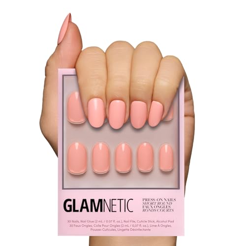Glamnetic Press On Nails - Peach Coral | Short Round Orange Fake Nails with Glossy Finish, Salon Quality | 15 Sizes - 30 Nail Kit with Glue