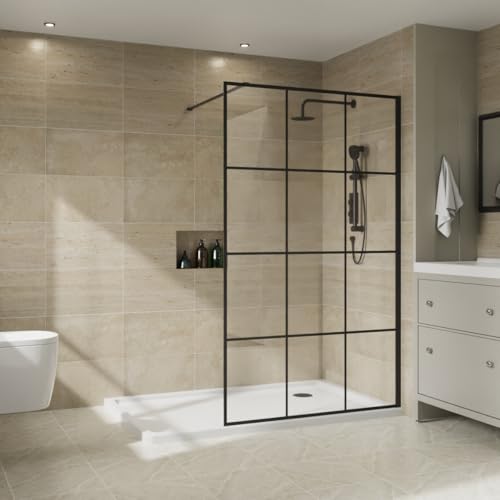 NRG 1000 x 1950mm Bathroom Wet Room Screen Panel 8mm Black Grid Easy Clean Glass Black Framed Walk in Shower Enclosure
