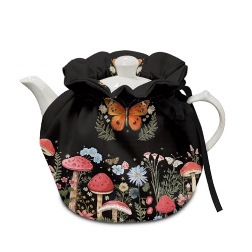 Rweroyiu Red Mushroom Tea Cozy for Teapot Butterfly Floral Tea Cozy Insulated Teapot Covers Keep Warm Decorative Accessories Insulated Kettle Cover for Home Kitchen Nice Gifts Easy to Clean