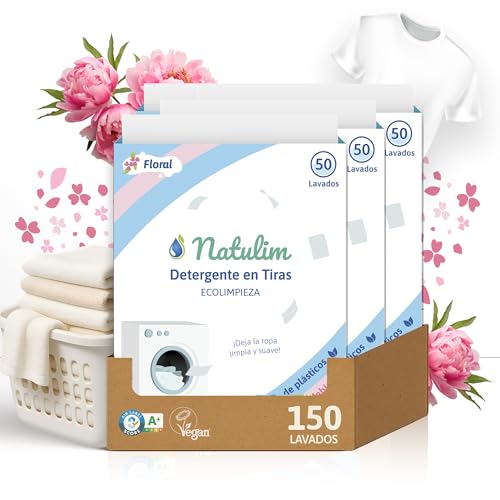 Natulim - Detergente en Tiras para Lavadora (150 Lavados) - Incluye efecto Suavizante, Ecológico, Hipoalergénico, Made in Spain - Ropa limpia y suave sin ensuciar el Planeta (Floral) - 3 Pack