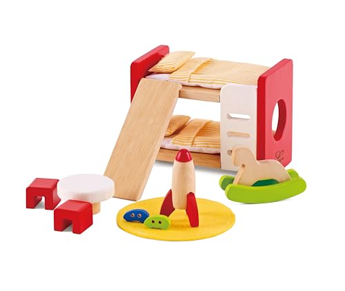 Hape Holz Kinderzimmer Möbel - Detailgetreues Kinderzimmer Puppenhaus, Möbelset Inklusive Stockbett, Tisch, Stühle und Rakete, Rollenspiel… – Ansicht 3