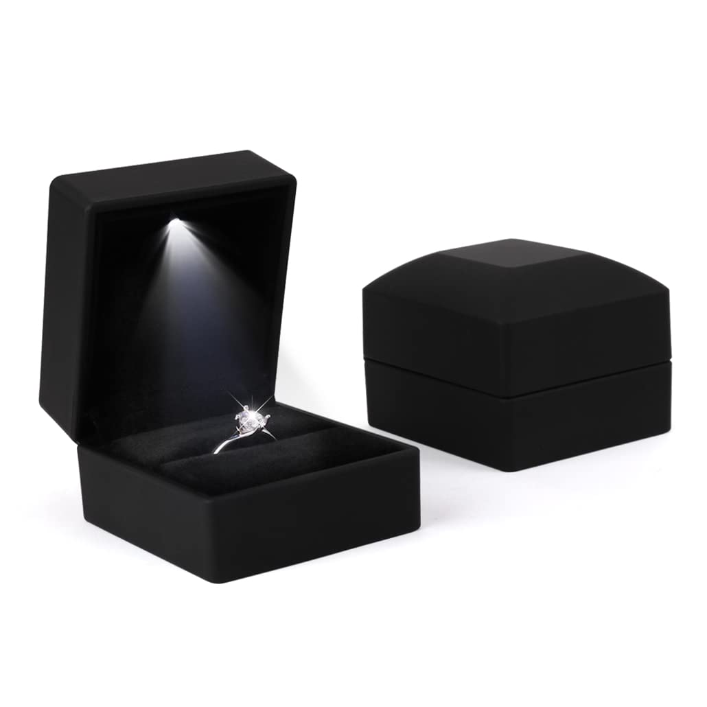 iSuperb 2PK Light LED Rings Box Jewellery Box Earrings Pendant Ring Gift Box Engagement Wedding Ring Boxes Jewellery Display Packaging Organiser Case (Rings Box) (Black)