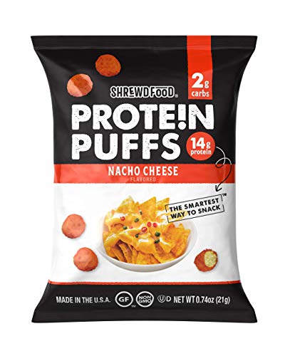 Shrewd Food Protein Puffs - High Protein, Low-Carb, Gluten-Free, Health Conscious Snacks, Keto Snacks, Non GMO, Soy-Free, Tree Nut Free, Peanut-Free, Never Fried - Nacho Cheese, 0.74 Oz (Pack of 8)