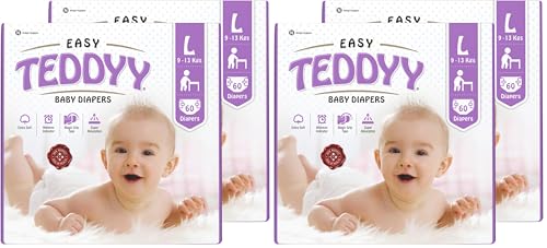 Image of TEDDYY Easy Baby L Size Diaper Tape Style |120 Count (Large) | 9-13 kgs (Pack of 4) | Quick Absorbency | Extra Super Soft | Anti - Bacterial | Wetness Indicator with Adjustable Grip Tapes