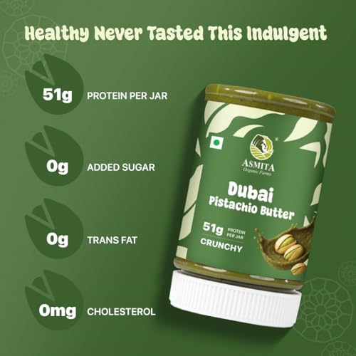 Image of Asmita Organic Farms Dubai Pistachio Butter 250g | Made with 84% Pistachios & Crunchy Puffed Quinoa | High Protein Spread | No Added Sugar | Healthy Breakfast, Snack & Dessert Spread