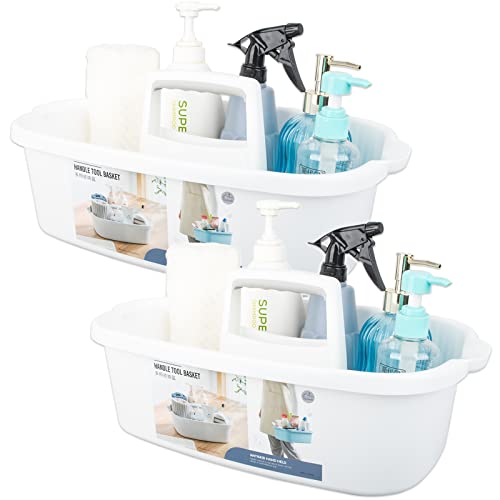Large Cleaning Supplies Caddy Portable Shower Basket Supply Organizer with Handle Plastic Bucket Tool Storage for Bathroom, Bedroom, Kitchen, College Dorm, Garden, White 2 Pack