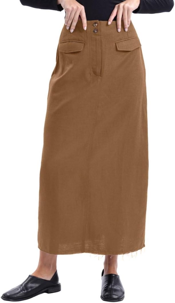 Amazhiyu Women's Linen High Waisted Split Raw Hem A-Line Midi Skirts with Pockets