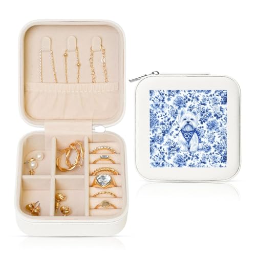 Organizador de joyas de viaje con patrón de flores de perro azul y blanco, soporte de almacenamiento de joyas de piel sintética para anillos, aretes, colgantes, collares para niñas y mujeres