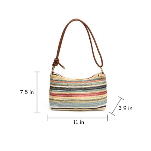 Image of Women's Woven Beach Shoulder Handbag Colorful Straw Tote Bag Summer Vacation Crossbody Bag