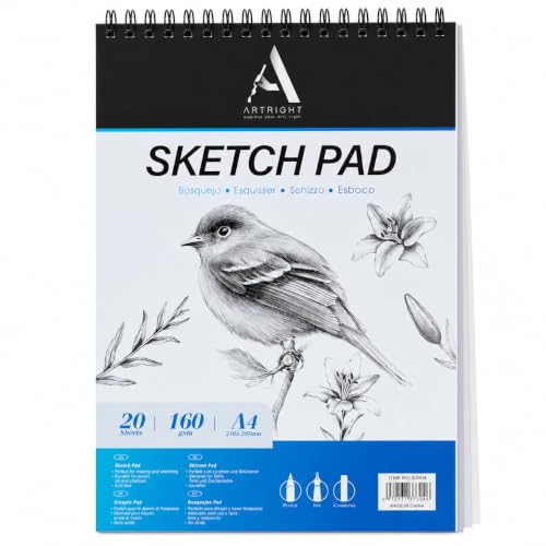Image of ArtRight A4 Portrait Sketch Pad - 20 Sheets, 160 GSM, Spiral Bound Sketch Book for Pen, Pencil, Ink, Mandala and Charcoal Media (Acid-Free Sheets)