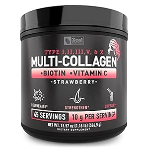 Premium Multi Collagen Peptides Protein Powder (1, 2, 3, 5 & 10) with Vitamin C, Biotin, Hyaluronic Acid, for Hair Skin and Nails – Marine, Bovine, Chicken & Eggshell (Strawberry, 45 Servings)