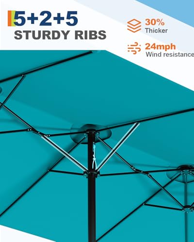 Large Patio Umbrella with Base Included, Double-Sided Rectangle Market Umbrella with Cross Base and Sandbag for Pool Lawn Garden (Misty Blue, 15FT)