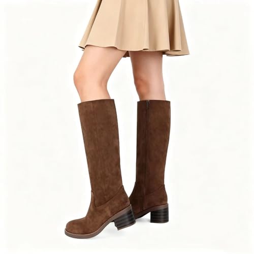 Image of ZJGZF Womens Banana Knee High Boots Square Toe Comfortable Boots Block Heel Riding Boots Wide Calf Tall Boots