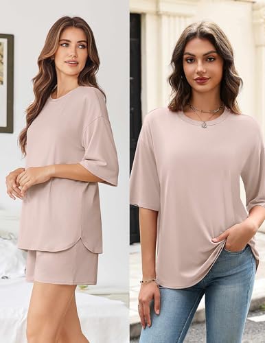 Image of Ekouaer Women's Two Piece Lounge Set Oversized Boxy T-shirt Casual Short Sets Summer Travel Matching Set 2026 Fashion