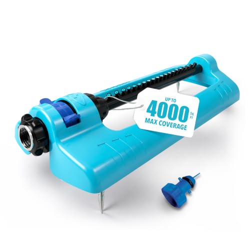 Aqua Joe Oscillating Sprinkler with Adjustable Spray 20 Clog-Resistant Nozzles Metal Base & 4400 Square Foot Coverage Compatible with Garden Hoses