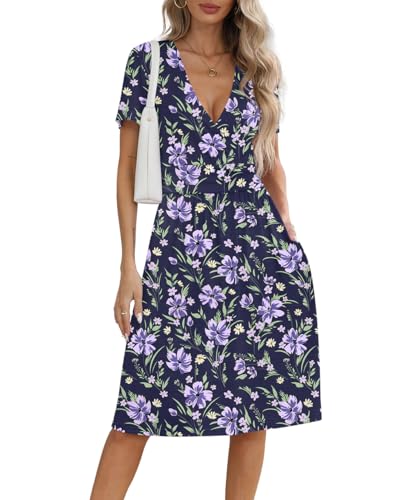 Image of NILOUFO Women's Summer Short Sleeve Casual Dress Wrap V Neck Party Midi Dresses with Pockets