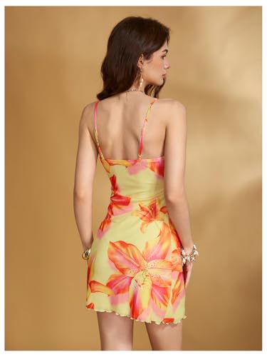 Image of Floerns Women's Summer Spaghetti Strap Cowl Neck Satin Mini Tropical Dress