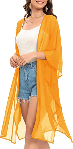 Image of Indian Trendy Women's Solid Puff Sleeve Kimono Long Cardigan Loose Cover Up Casual Blouse Top Chiffon