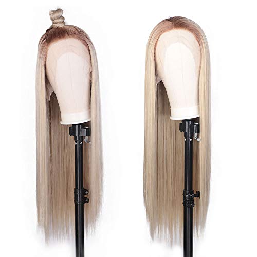 ENTRANCED STYLES Synthetic Ombre Blonde Wig Lace Front, Long Straight Silky Hair wig 150% Density 28inch