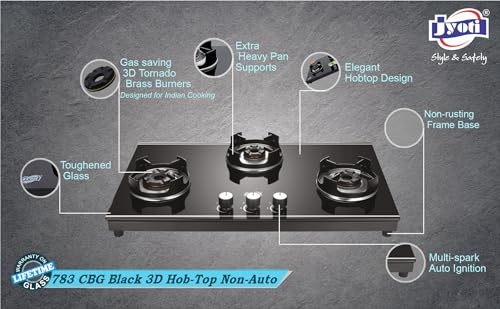 Jyoti 783 Slender Mirror Hobtop | Tornado Brass Burners Suitable for Indian Cooking | Manual Ignition | 2-in-1 Built-in or Tabletop | Toughened... - Image 3