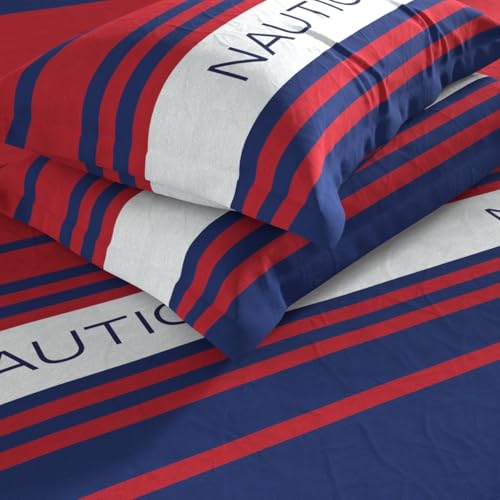 Image of NAUTICA Cotton King Bedsheet with 2 Pillow Covers -3pc Set (noridge) | 160TC | Super Soft Touch Stripe-red /Blue
