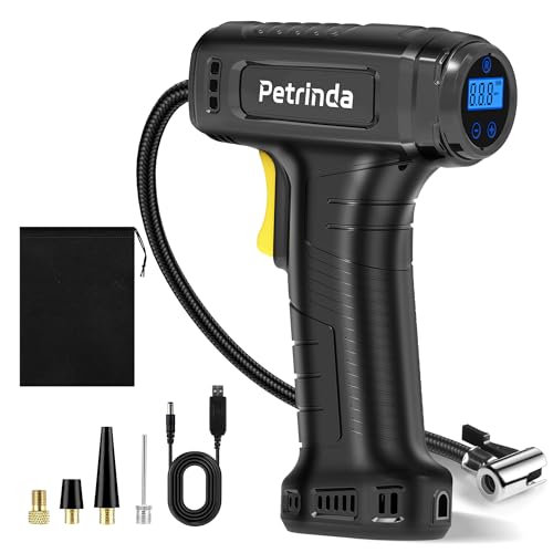 Petrinda Cordless Tyre Inflator Air Compressor, Portable Handheld Rechargeable Battery Tyre Pump with Digital Pressure Gauge, Electric Tyre Inflator with LED Light & 4 Nozzle for Car, Motorcycle Bike