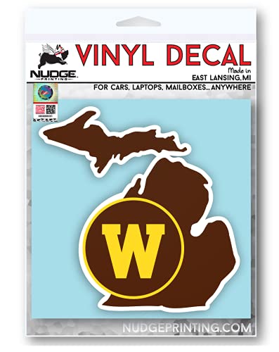 Image of Western Michigan University WMU Broncos Block W Circle Over State of Michigan Brown and Gold Weatherproof Vinyl Sticker Car Decal from Nudge Printing