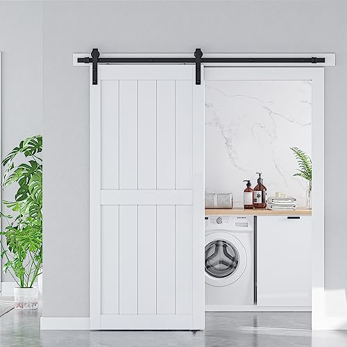 Image of SmartStandard 36 x 84 inch White Barn Door Slab MDF Non-Bending Sliding Closet Door, Waterproof PVC Coating, Interior Single H-Frame