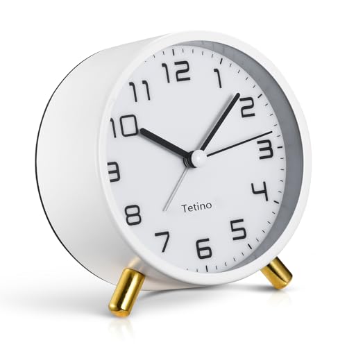 Analog Alarm Clocks,Retro Metal Desk Silent Non Ticking Small Clock with Night Light,Battery Operated,Simple Design,for Bedrooms, Bedside,Office,Home Décor (White)