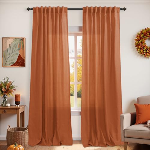 KOUFALL Colorful Curtains for Living Room,Sheer Linen Boho Eclectic Curtains for Dining Room Windows,96 Inches Long,Burnt Orange