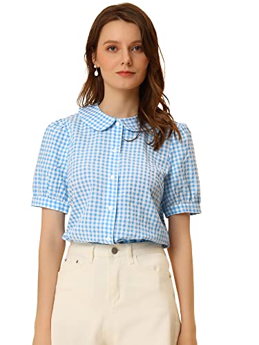 Allegra K Blusa de Cuadros para Mujer, Manga Corta, Cuello Peter Pan, Camisa con Botones Azul Claro XS