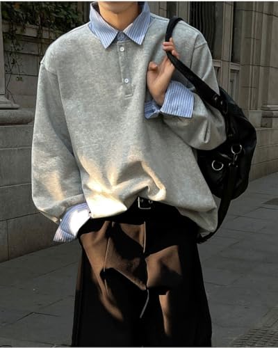 Men's Spring Fake 2 Piece Striped Henry Lapel Solid Color Casual Fashion Bottoming Top4