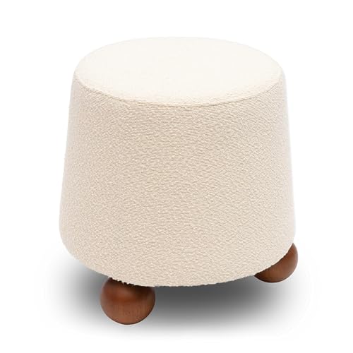 First of a Kind Living Room Ottoman in Cream Boucle - Modern Bedroom Ottoman with Spherical Solid Wood Legs - Fiber-Wrapped Foam - Easy Clean, Minimal Assembly