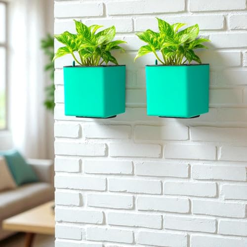 Image of Indian Discovery Self Watering Wall Hanging Planter|Hanging /Hooked Flower Pots for Home, Balcony, Garden Decor Flower Pots(2 PC, Peacock Green, Square) |6 Inch UV-Resistant Plastic Plant Pots