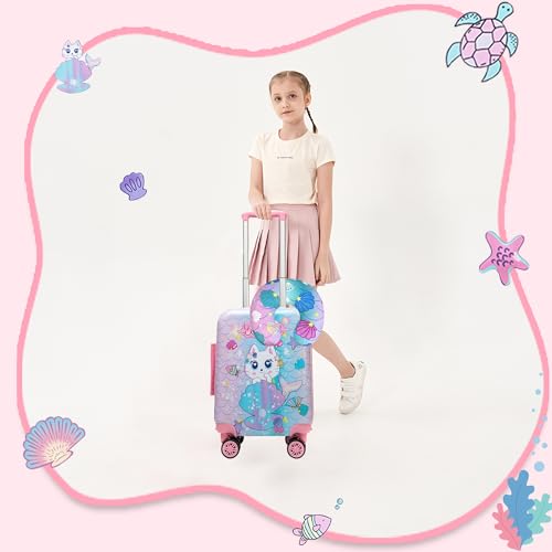 Image of Cute Cat Kid's Luggage Set 2 Piece Suitcase Set 16 inch Hardside Luggage with Spinner Wheels Girls Carry on Toddler Travel Rolling Luggage Airline Approved
