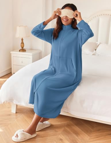Image of Ekouaer Women Zipper Robe Long Sleeves House Coat Soft Bathrobe Sleepwear with Pockets Housecoat Loungewear