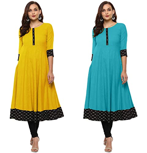 Image of NATEK Plain Cotton Regular Wear Anarkali Kurtis Dresses for Ladies Girls - Combo Pack of 2