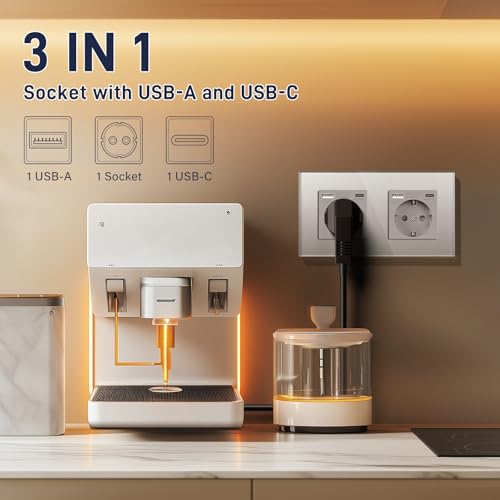 BSEED USB Steckdose Doppel Grau Schuko Steckdose mit USB Anschluss (Max. 2.1A) Typ C Port Unterputz Steckdose Glas Schutzkontakt-Steckdose Ladeger&auml;t f&uuml;r Handys, Laptops etc