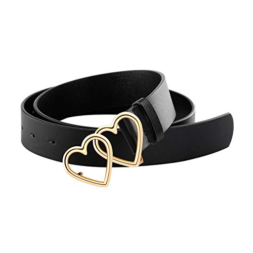 Ayliss Women Leather Waist Belt Fashion Casual Jeans Belt With Double Heart Shape Buckle Dress Pants (Black) #TOP4