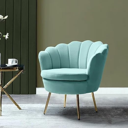 Image of Wooden Velvet Shell Accent Chair, Upholstery, Gold Metal Legs, Channel Tufted Design, Barrel Chair for Living Room, Drawing Room, Bedroom, & Office (Sky Blue)
